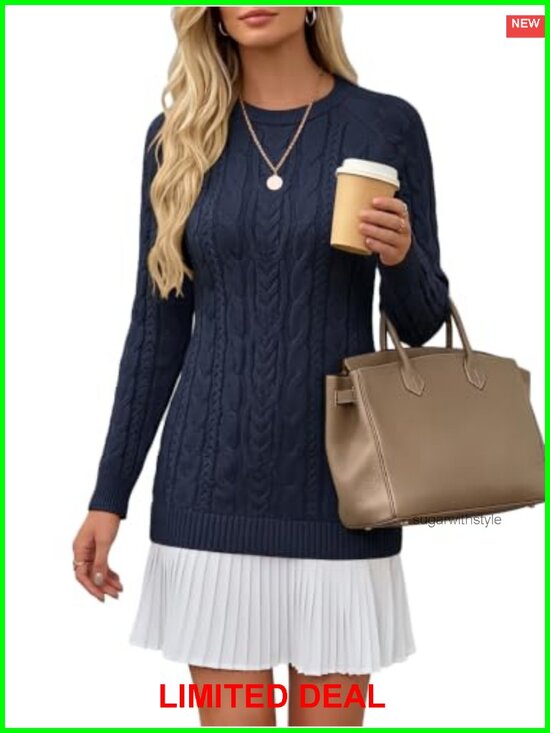 Dresses & Skirts - Cable Knit Sweater Dress Long Sleeve Pleated Mini
